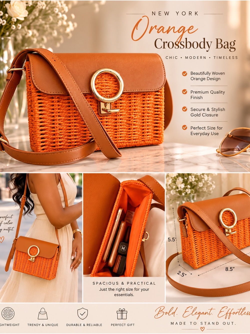 Orange Crossbody Bag with Gold Closure